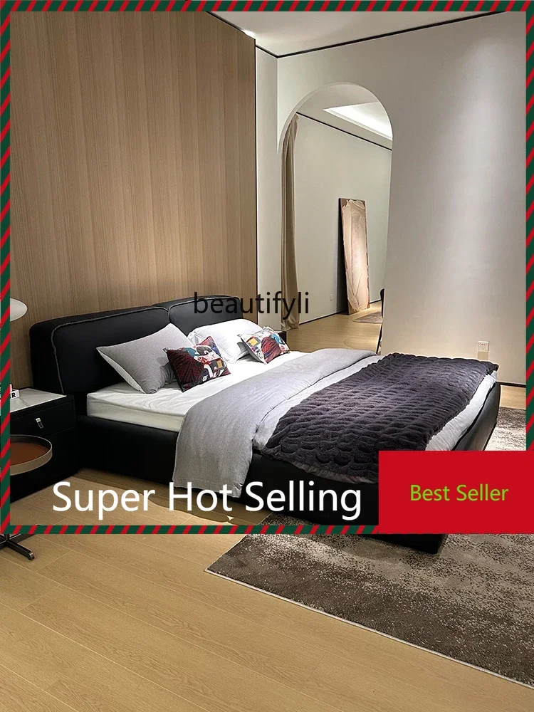 A71 Modern Light Luxury Simple First Layer Cowhide Bed Soft Bag Master Bedroom Double Bed Marriage Bed Italian Minimalist Design