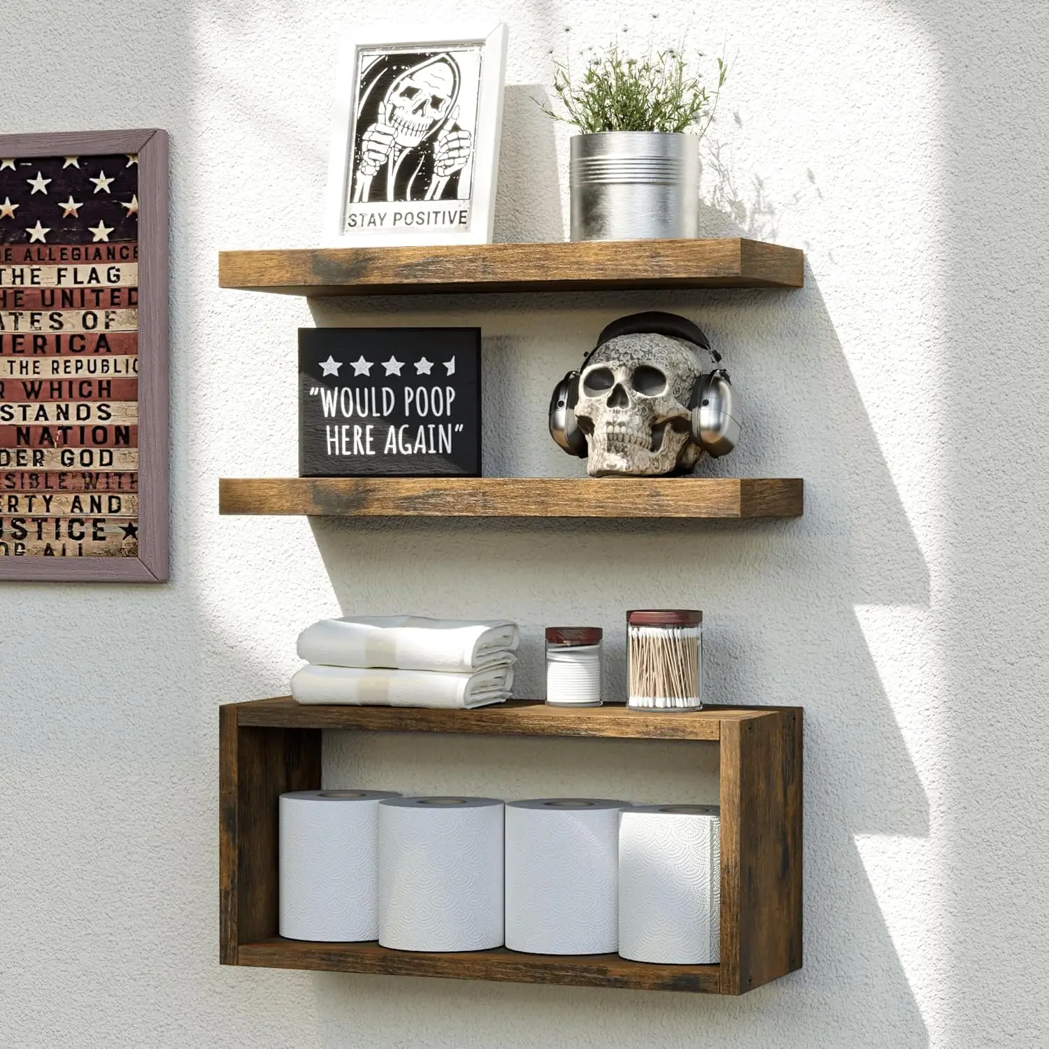

Floating Shelves Set of 3, Modern Bathroom Shelves Wall Mounted Shelves with Invisible Brackets Over Toilet, Rustic Wal