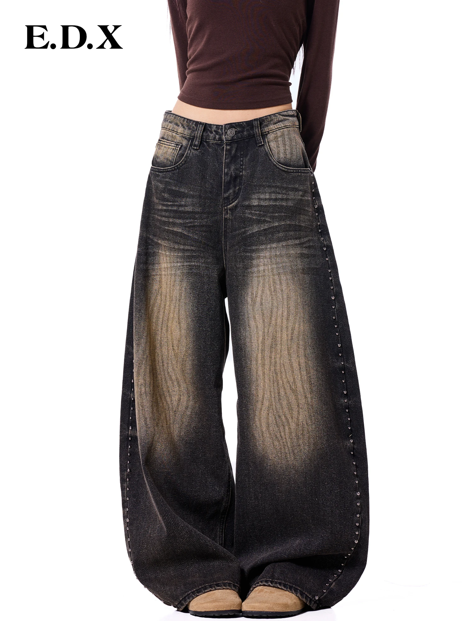 Black Vintage Rivet Wide Leg Denim Jeans Women's Thickened Autumn Winter New Style Gradual Color Natural Waist Button Closure