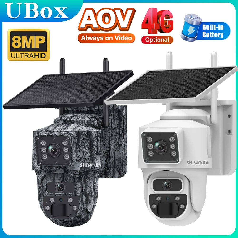 

SHIWOJIA AOV 24/7 Recording 4G LTE Cellular Solar Camera 4K Dual Lens Security 10010mAh Battery Outdoor Auto Tracking IP Camer