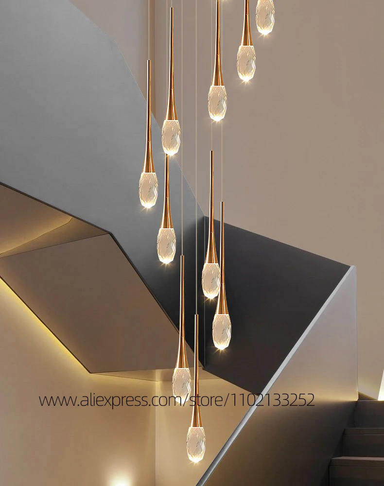 Modern Nordic Style Luxury Crystal Villa Staircase Pendant Light Hanging Living Room Pendent Lamp LED Ceiling Bedroom Chandelier