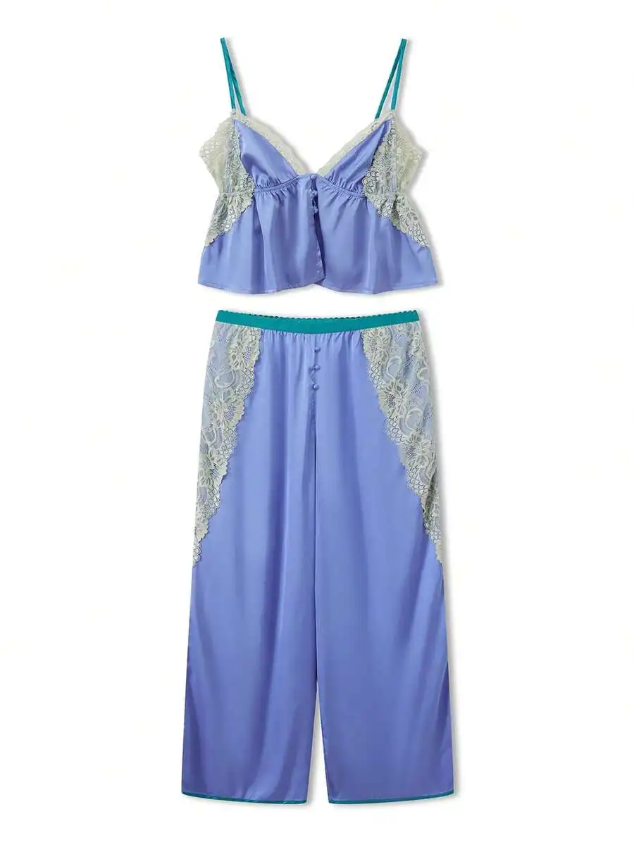 

Womens Lace Patchwork Pajama Set Spaghetti Strap Ruffled Cami Top Wide Leg Pants Sleepwear Loungewear