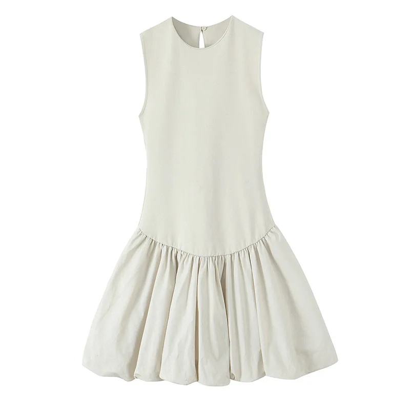الصيف الجولة الرقبة فستان بسيط المرأة بلا أكمام مزدوجة الوجهين المرقعة فستان قصير ملابس عصرية الإناث 2025 جديد