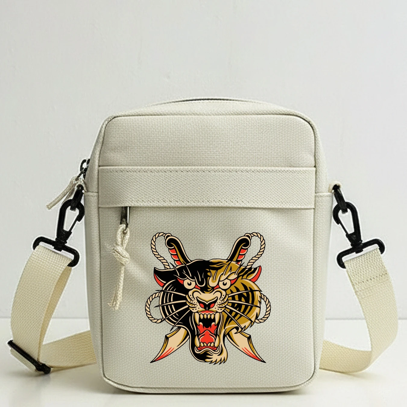 Tiger Head Crossbody Bag for Men, Fashion Street Shoulder Bag with 2D Graphic, Adjustable Strap, Multi-Pocket, Casual Daily