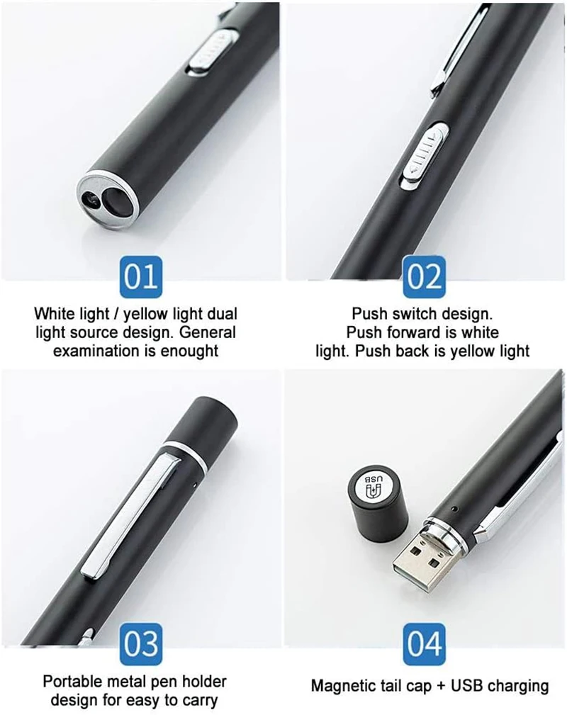 C2 2pcs Dual Beam Led Penlight Slim Usb Rechargeable Mini Portable With Scale Flashlight For Doctors Check Oral Pupil Pen Light