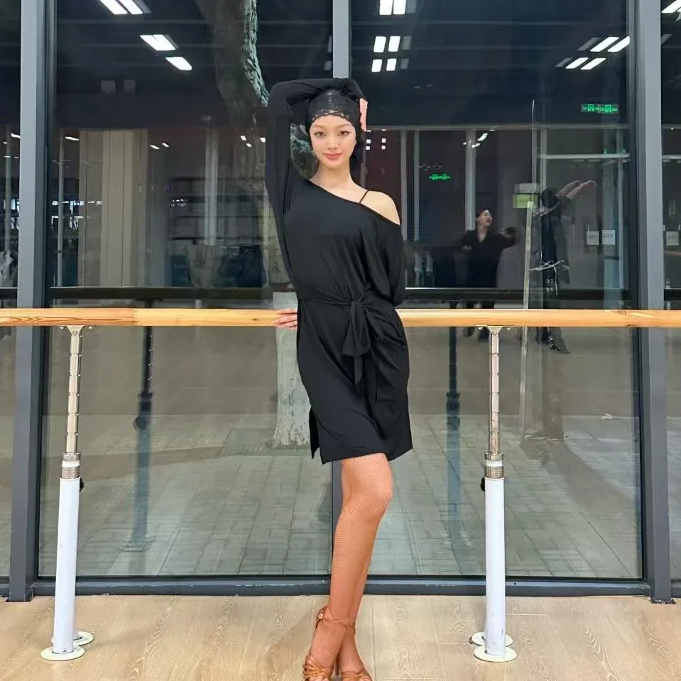 冬ラテンダンス衣装オフショルダー長袖ドレストレーニング服サンバタンゴダンス練習服着用