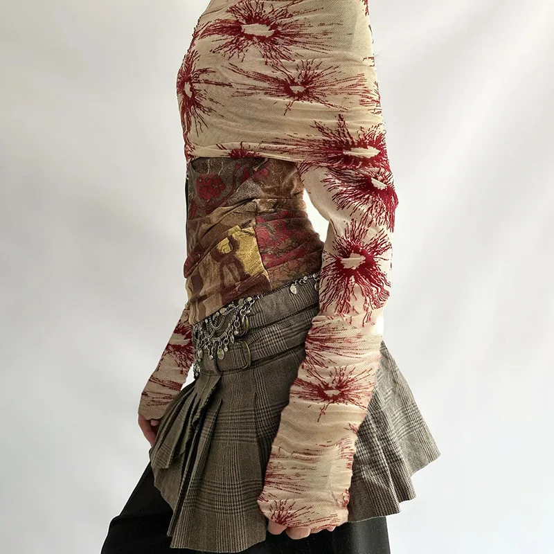 Printed Color Contrast Collar Mesh Splicing One Shoulder Slimming Long Sleeve T-shirt Top