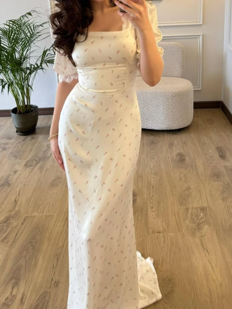 

New Summer Tide Fashion Women Dress Short Sleeve Square Collar Print Lace Splicing Girdling Female Elegant Dresses Women's Wear