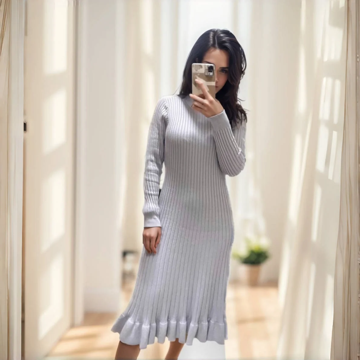 Women Ribbed Mermaid Dresses Winter Clothes Elegant Long Sleeve O-Neck Knit Maxi Dress Woman Elastic Beige Vestidos Ladies Robe