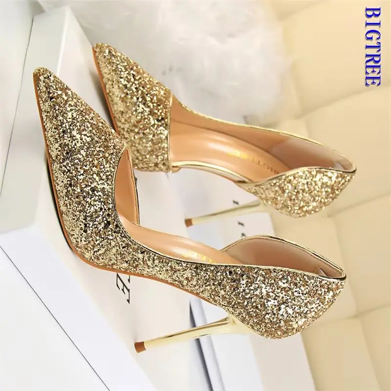 

Plus Size 34-43 Women 9.5cm High Heels Stripper Bling Glod Red Silver Scarpins Pumps Lady Stiletto Wedding Bridal Fetish Shoes