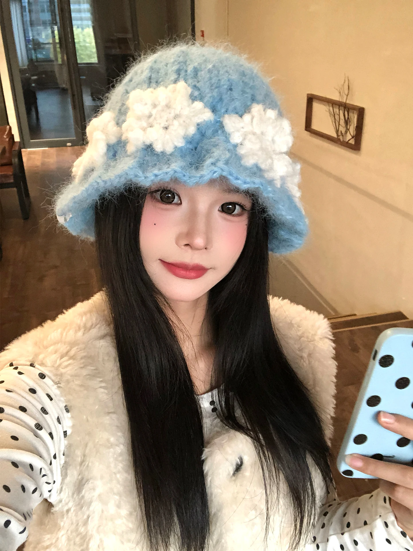 Hand Knitted Blue Woolen Fisherman Hat Women's Autumn Winter Warm Large Head Size Bucket Hat 3D Flower Design Fashionable Hat