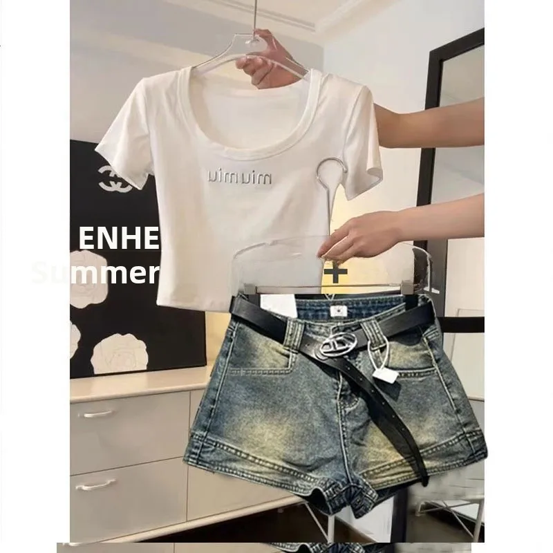 

Летний модный женский джинсовый комплект: уличный стиль, серия Salt, с принтом-буквой, комплект из двух предметов