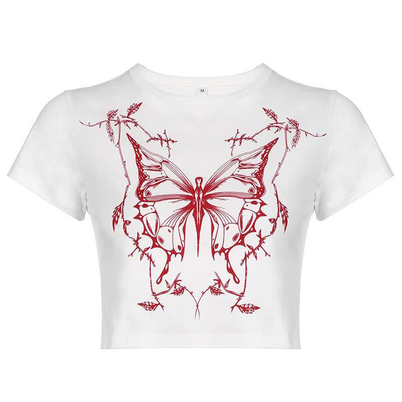 Vintage Fairy Grunge Vlinder Print Korte Mouw O-hals Ingericht Crop Top Punk Harajuku E-girl Tee Amerikaanse Y2K 90S Vrouwen T-shirt