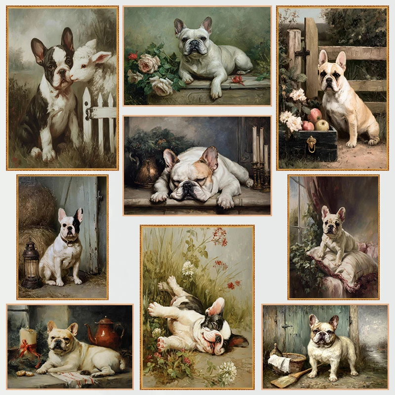 Vintage Country Oil Style French Bulldog Cute Animal Posters Prints Canvas Painting Wall Art Picture Living Room Home Decor