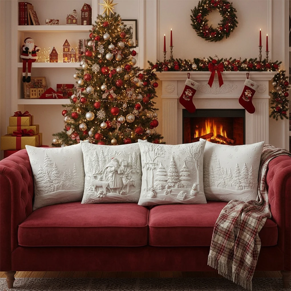 4x Velvet Christmas Winter Throw Pillow Covers Exquisite Printing Technology Christmas Themed Cushion Covers