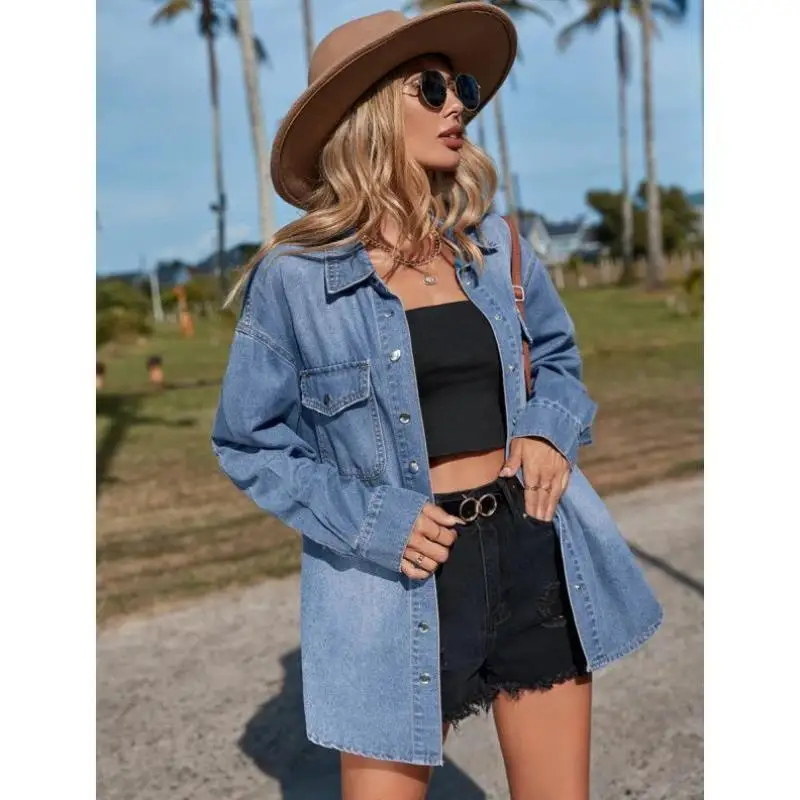 طقم دينم جديد عبر الحدود من قماش الدنيم المترهل irt للنساء Faion ort Sve Fce مبطن بطول الكتف irt #4