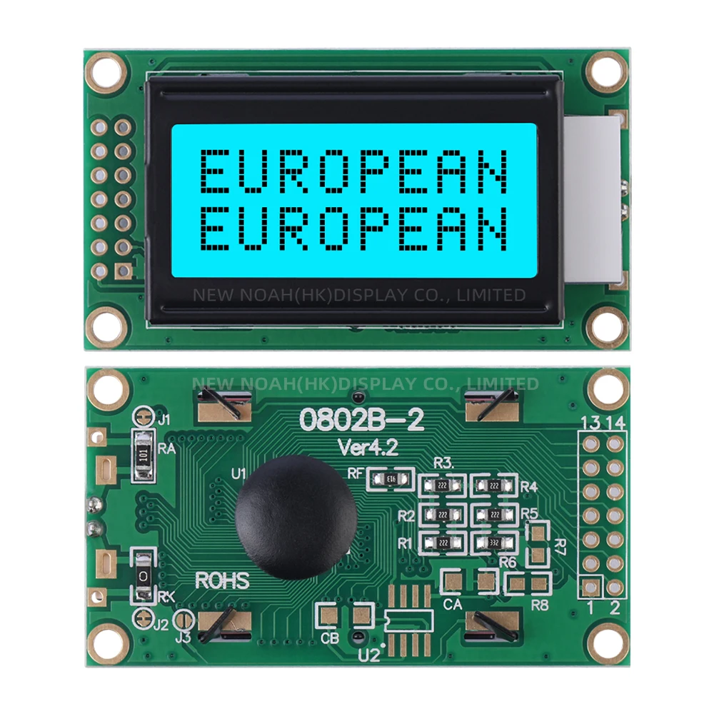 European Ice Blue Film Black Letters 0802B-2 Character LCD Module 02X08 14 PIN 58X32Mm Three Year Warranty LCM Display Module