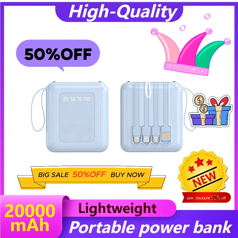 

20000mAh Mini Fast Charging Power Bank with Built-in Cable Large Capacity Mobile Power Supply