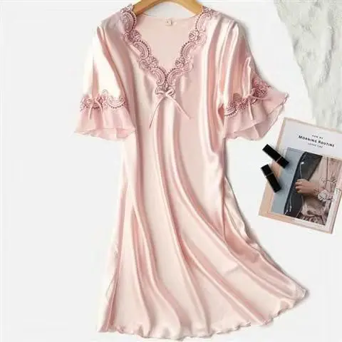 

Home Wear Loungewear Pyjama Femme Ladies Ice Silk Nightgowns Sleeping Dress Medium Length Short Sleeve Nightdress Sexy Sleepwear
