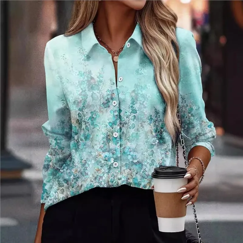 2024 Women's Long Sleeve Blouse New Colorful Flower 3D Digital Printed Striped Button Collar Elegant Daily Loose Blouse Ladies