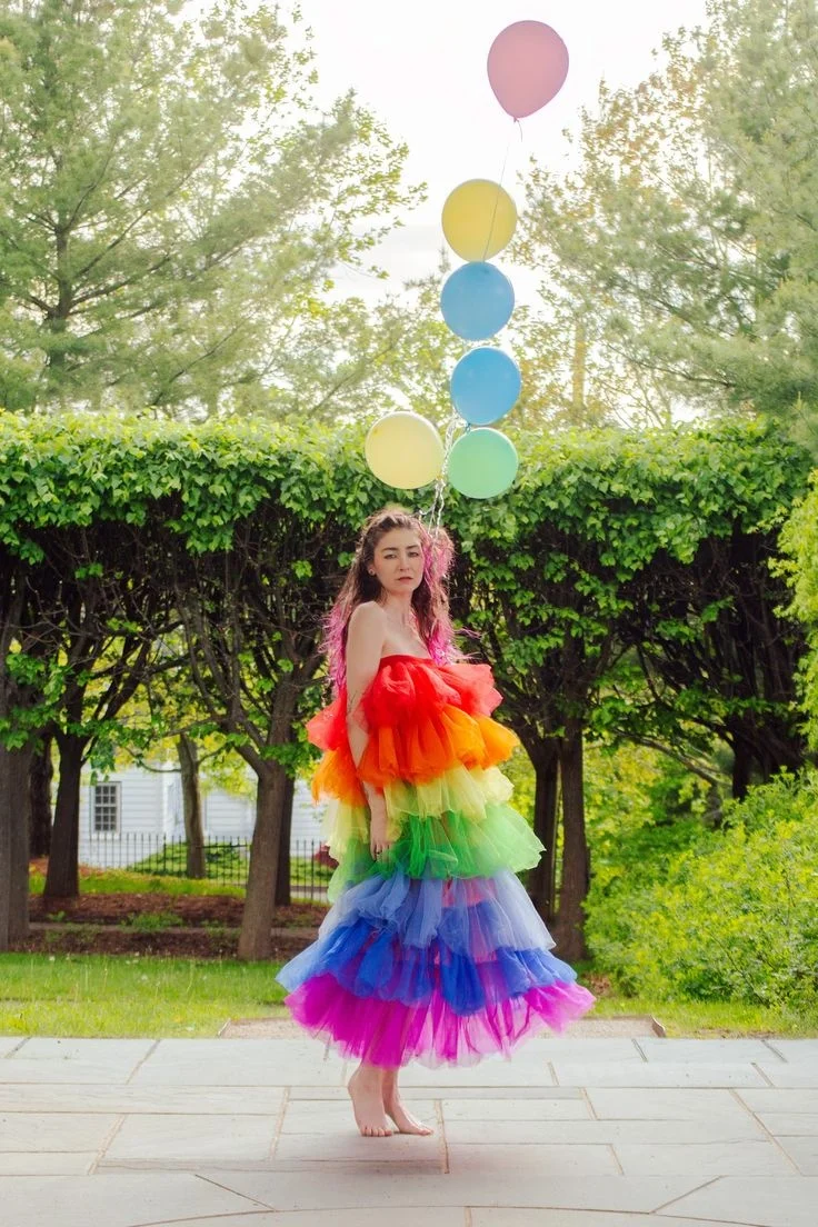 

Pretty Rainbow Prom Dress Sexy Strapless Colorful Tulle Tiered Evening Gowns Ankle Length Formal Party Dress Robe De Soiree