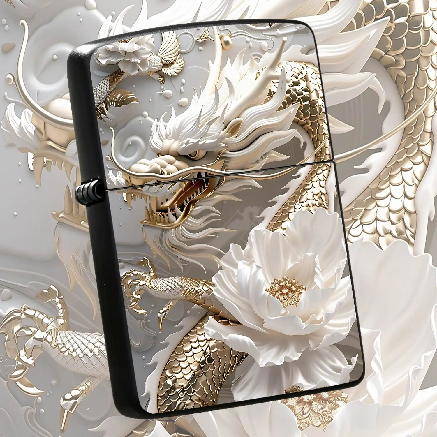 Luxurious Oriental White Dragon Peony Embossed Lighter, Exquisitestyle Pattern, Premium Decorative Craft, Portable Multi-Scene Usable, Ideal Gift Choice For Festivals, Smooth Stylish Look, Adds Elegant Eastern Aesthetic A Humorous And Inter