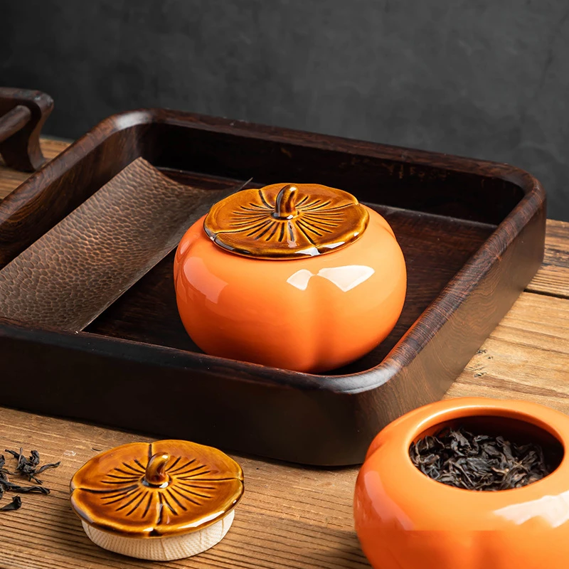 1pc Ceramic Tea Canister Portable Moisture Resistant Sealed Canister Persimmon Type Ashtray Jar 200ml 9cm*7.5cm