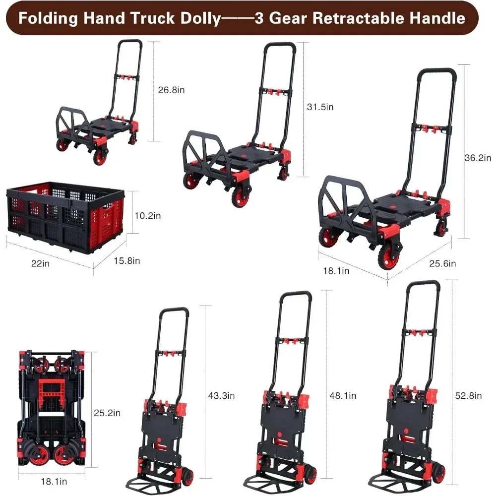 2-in-1Hand Truck Dolly Foldable with Folding Basket,330LBS Capacity Handtruck,Hand Truck Foldable Dolly with 4 Wheels