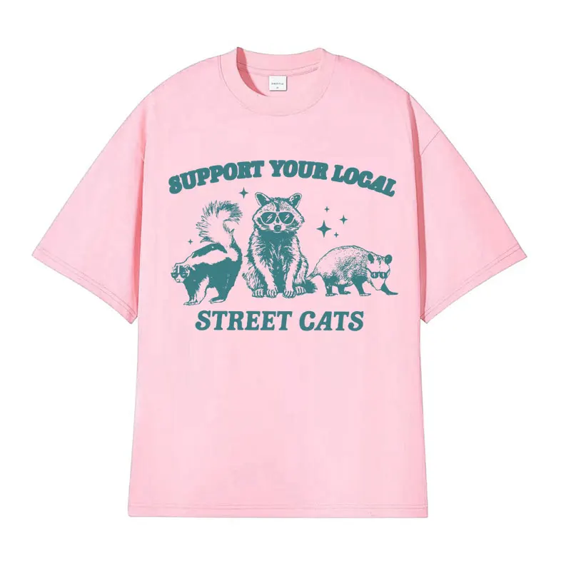 T-shirt graphique en coton pour hommes et femmes, T-shirt vintage, T-shirt en coton respirant, Support Your Local Street Cats, T-shirt raton laveur mignon, Économie à mème drôle