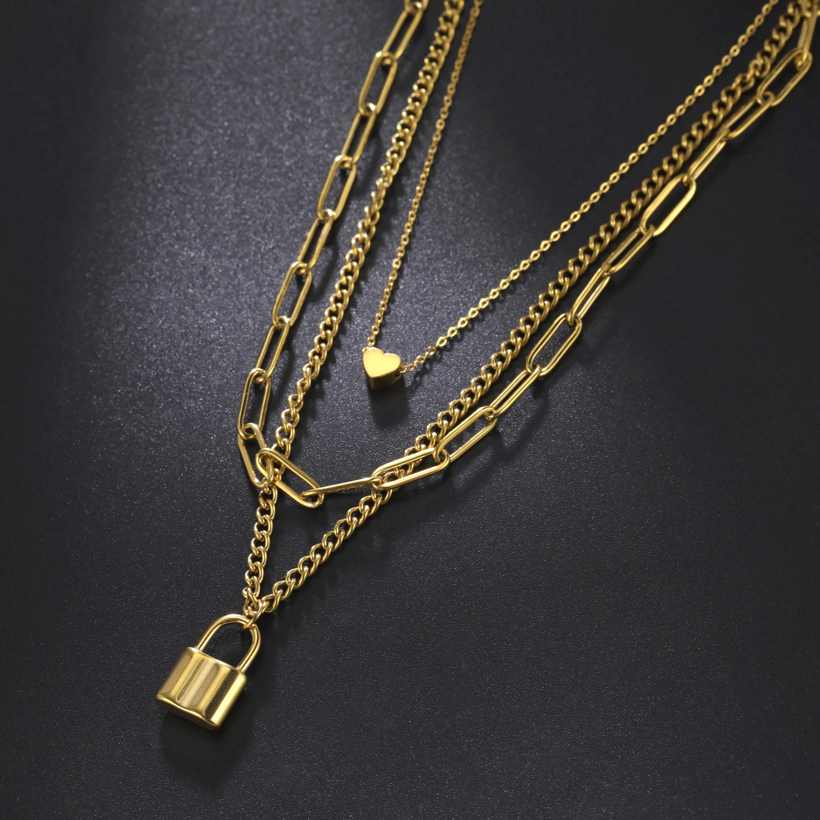 Stainless Steel Gold Color Lock Necklace for Women Hip Hop Three Layer Chain Necklace Padlock Pendant Choker Jewelry