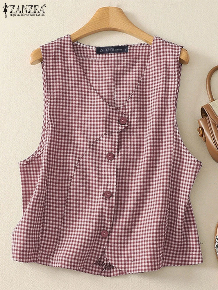 ZANZEA Damen-Sommer-Tanktops mit Gingham-Motiv, stilvoll, asymmetrisch, mit Knöpfen vorne, V-Ausschnitt, Westen, lässig, Pendeln, ärmellose Oberteile