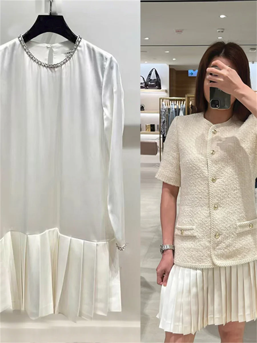 

2024 Autumn Women Fashion Pleated Mini Dress Diamond Round Neck Long Sleeve Dress or Single Breasted Short Sleeve Short Robe