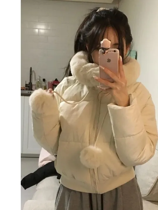 

Winter Fleece Lined Short Hooded Coat Women's Cute Anti-Aging Long Sleeve Jacket with Fur Collar Warm Stylish Cotton Puffer