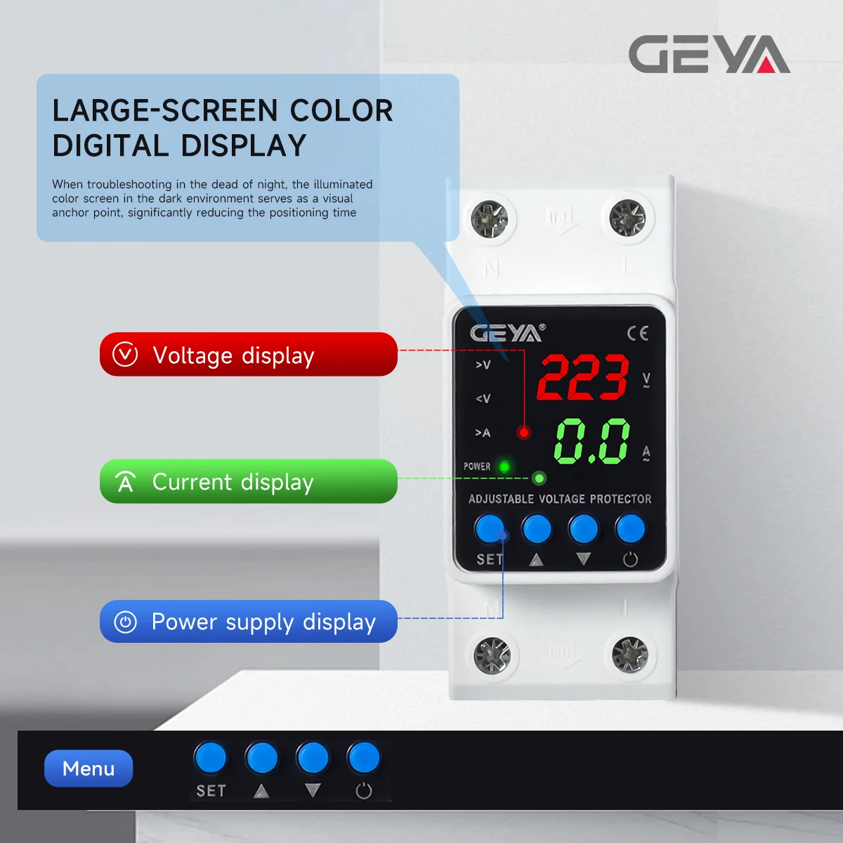 GEYA 63A 80A 220V Digital Display Adjustable Over Voltage Current and Under Voltage Protective Device Self-resetting Protector