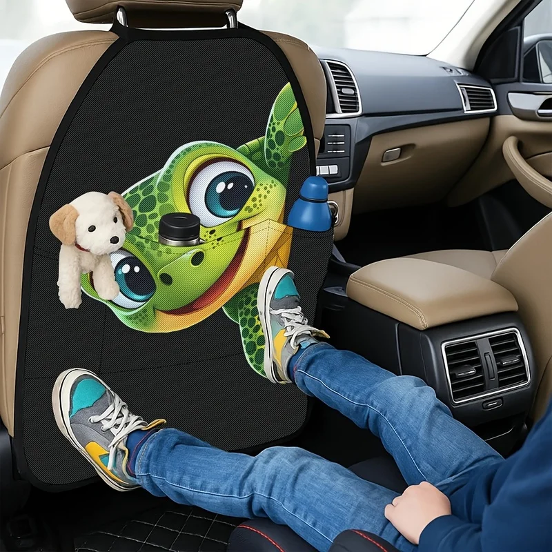 Car Seat Back Covers With Storage Pockets - Cute Cartoon Turtle Pattern, Adorable Car Accessory For Kids