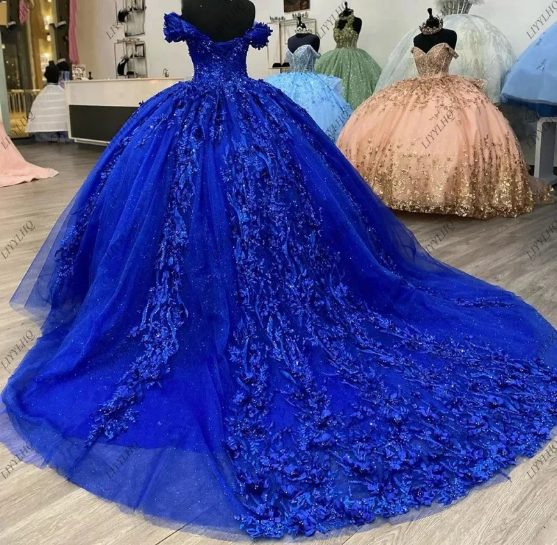 LIYYLHQ Royal Blue Quinceanera Dresses Vintage Ball Gown Off the Shoulder Flowers Lace Appliques Beading Tulle Princess New