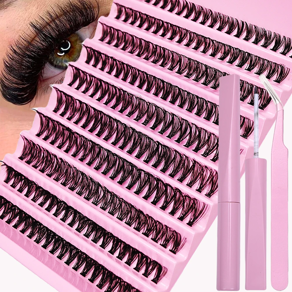 Eyelash Extension Kit 200 Clusters False Lashes DIY Lash Clusters Mix Length and Adhesive and Tweezers