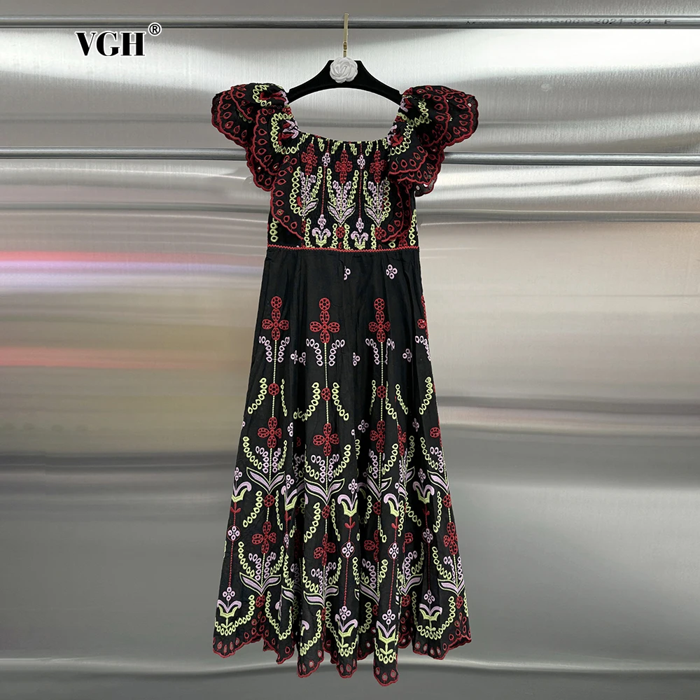 

VGH Elegant Embroidery Long Dresses For Women Slash Neck Short Sleeve Backless High Waist Temperament Slimming Dress Female New