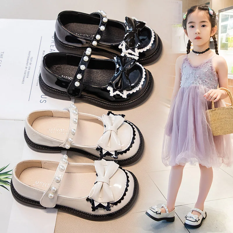 Pearl Girls Leather Shoes Spring Autumn Fashion Bow Tie Princess Shoes Flat Kids School Girls Dancing Dress Mary Jane Shoe 27-37