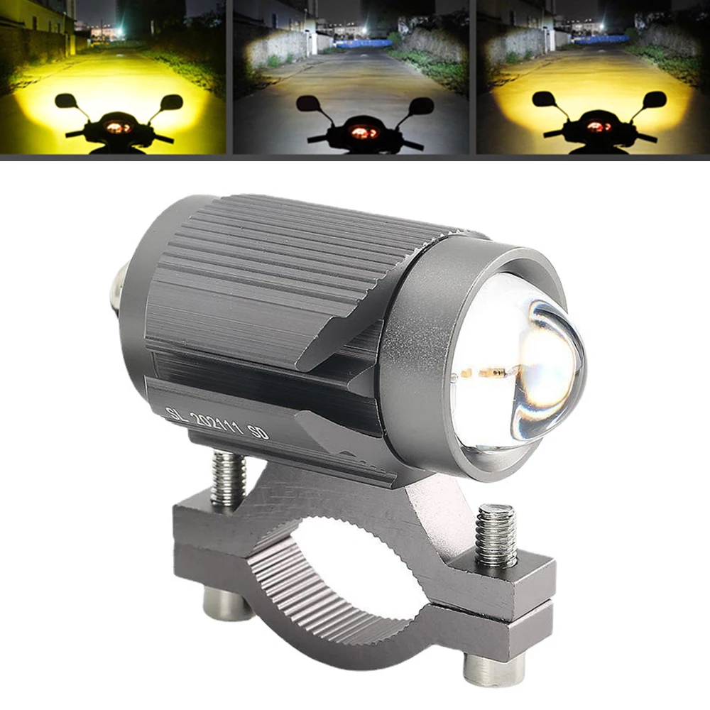 Universal Motorcycle LED Headlight Projector Lens Dual Color ATV Scooter Driving for Cafe Racer fog Light Auxiliary Spotlight