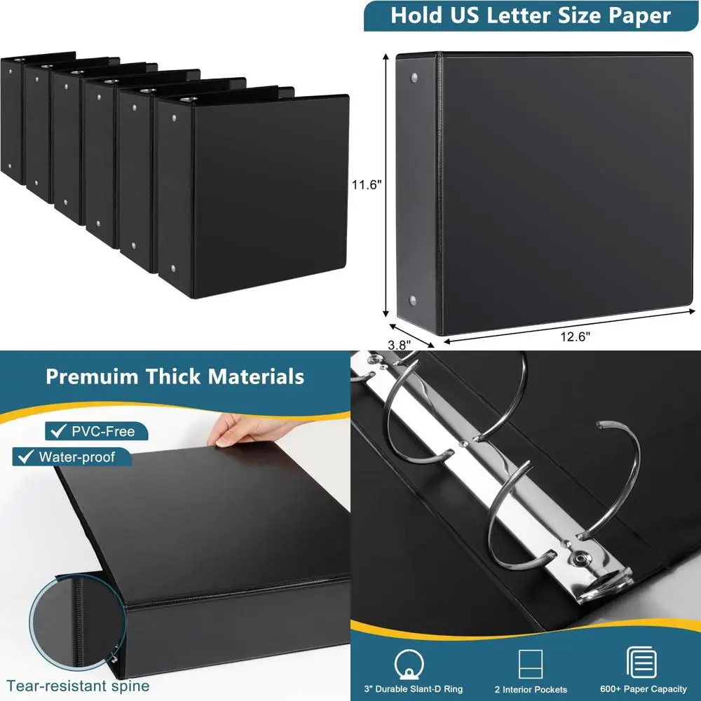 

Letter Size 3-Inch Round Ring Binders, 6 Pack, Black, Standard Presentation View, 3 Ring Binders for Letter Paper, Bulk Binders