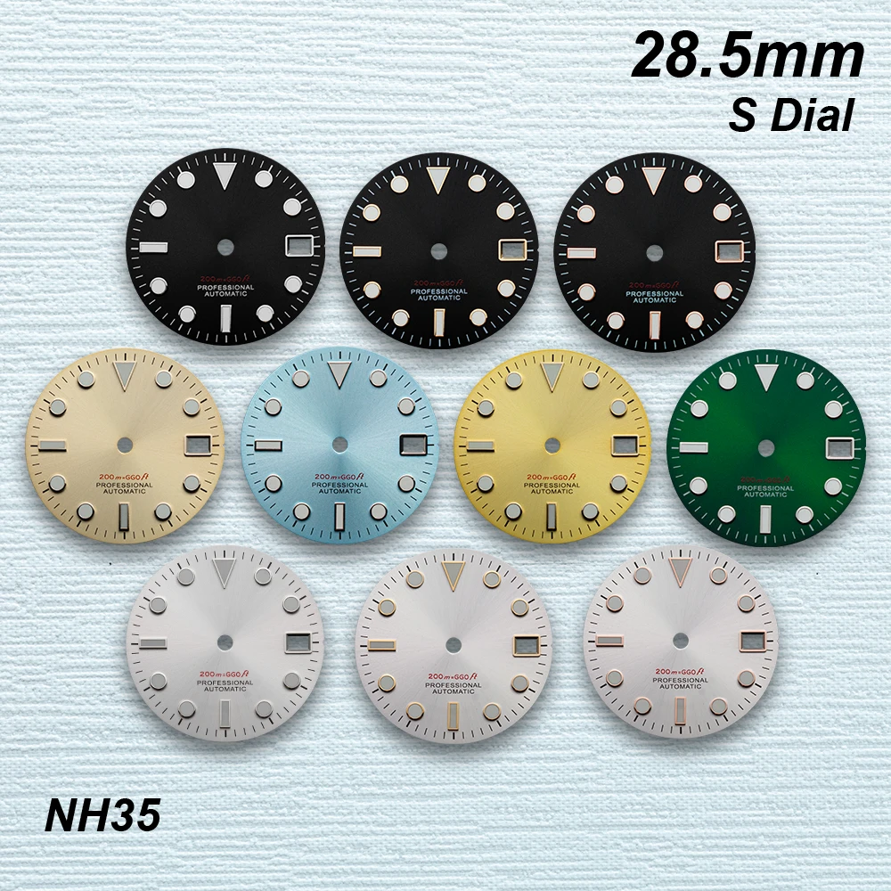 

28.5mm S Logo SUB Dive Dial Fit NH35/NH36/4R/7S Japanese Movement Green Luminous Sunray High-Quality Watch Modified Accessories