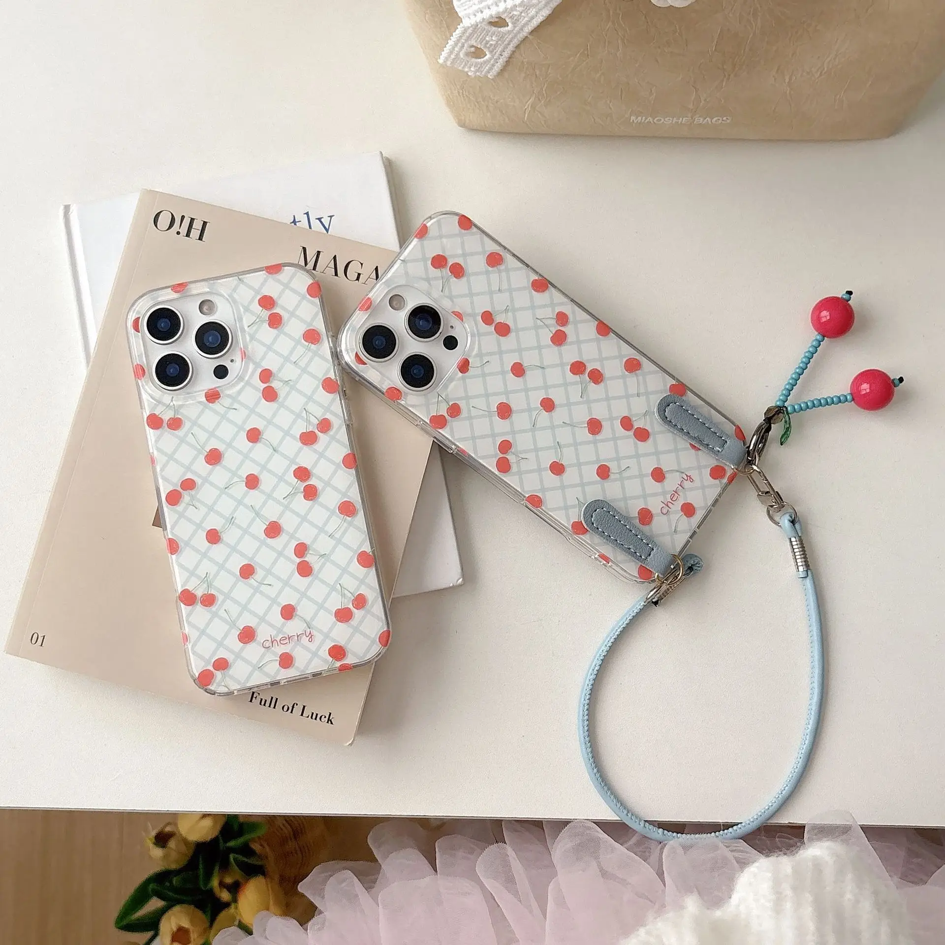 الكرز قلادة الأزرق شريط منقوشة لطيف أنيق جراب هاتف آيفون 16 15 14 13 برو ماكس حافظة لطيف الحلو الفاخرة الكرتون غطاء #3
