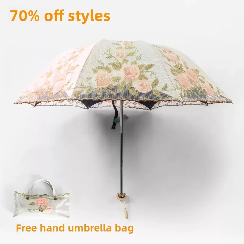 New UV Protection Black Coated Sun Umbrella Double Fold Lace Embroidered Princess Parasol Vintage Lace Trim Rain Sun Umbrellas