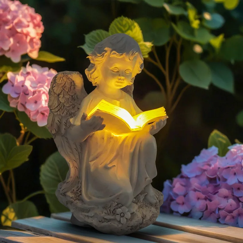 Factory Direct 2026 Creative Solar Reading Angel Ornament Courtyard Outdoor Statue Decoration
