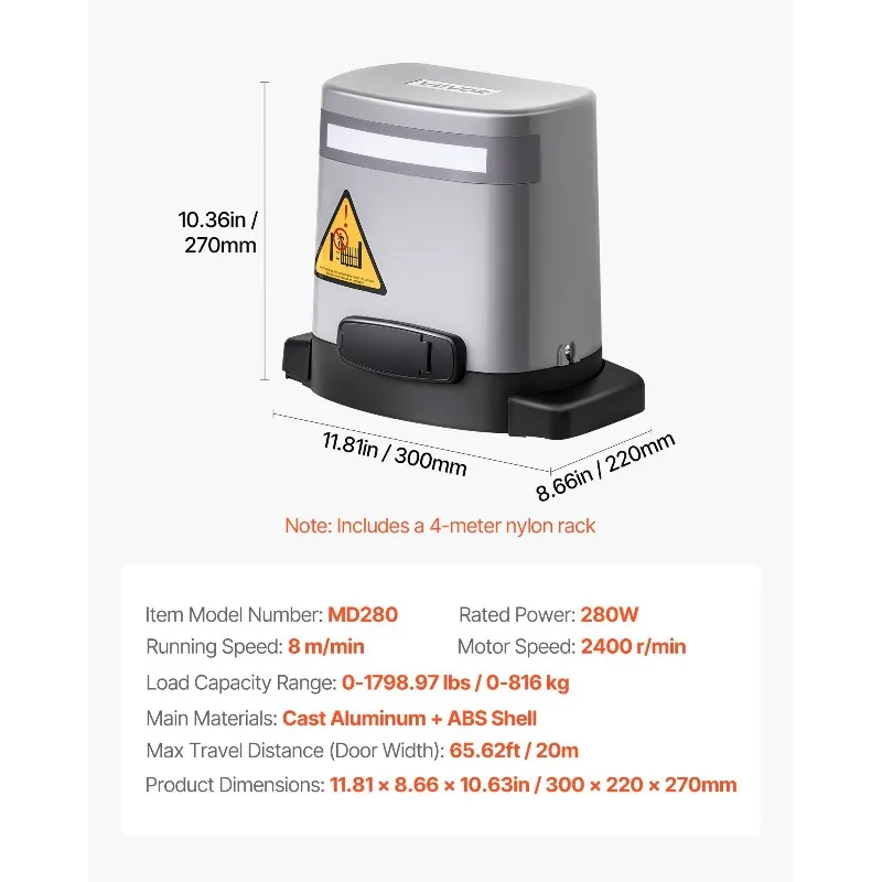 280 W Solar-Toröffner, 1799 lbs, elektrischer Toröffner, Kettenantrieb, 2 Fernbedienungen