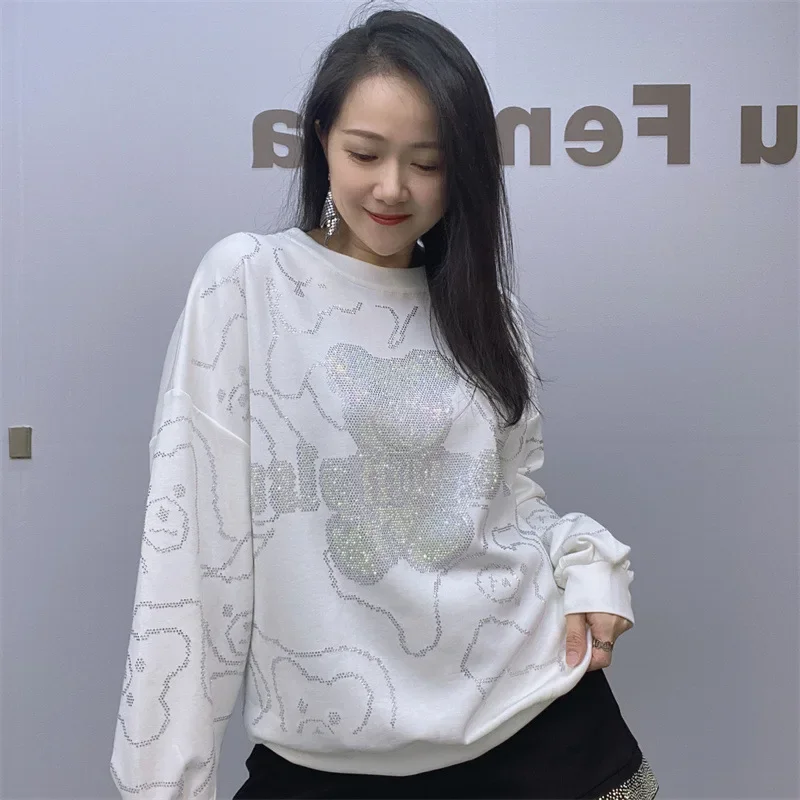 Cartoon Rhinestone Space Cotton Hoodies Female 2023 Spring Autumn New Loose Round Neck Pullover Long Sleeve Top Women's Clothing