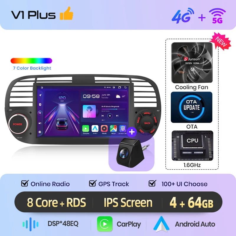 Junsun 7 inch Android autoradio voor Fiat 500 2007 - 2015 draadloos voor Apple CarPlay Auto IPS touchscreen stereo multimediaspeler automotive slimme intelligente systemen 2 Din autoradio head unit