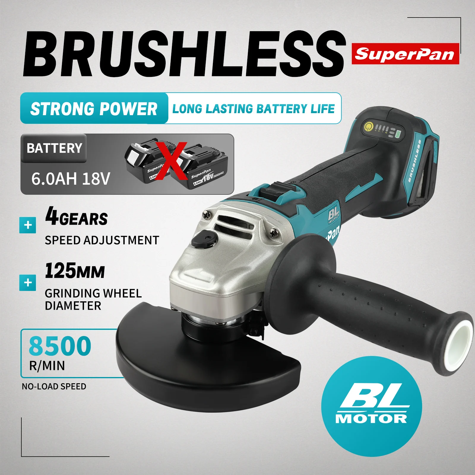 

superpan 404 Brushless Lithium Angle Grinder125mm It can cope with grinding, cutting, and polishing，for makita 18v tools Battery
