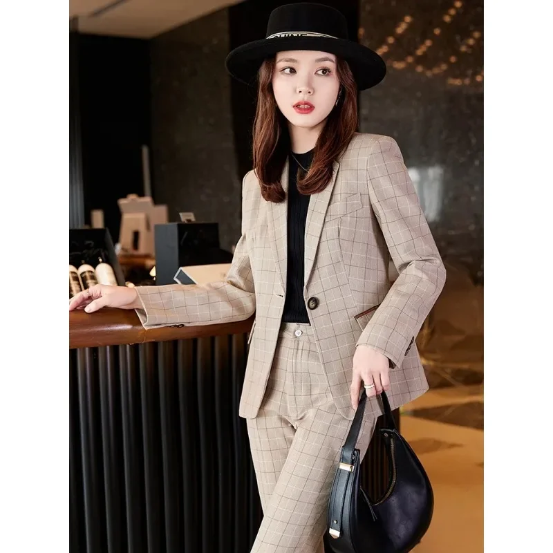 Women Office Ladies Autumn Formal Pant Suit Khaki Blue Plaid Business Interview Work Wear Blazer And Trouser 2 Piece Set